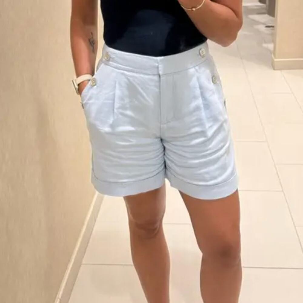 Michael Kors Blue Linen Trouser Shorts SIZE 10 Pleated Wide Leg Designer $125 - Picture 5 of 11